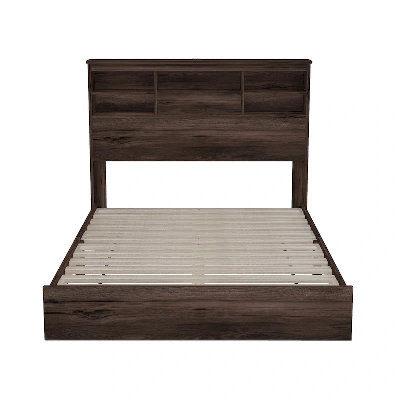 Letto Matrimoniale Queen in Stile Vintage con Testiera Contenitore e Stazione di Ricarica – Grigio Chiaro / Bianco / Noce, 1–2 Persone