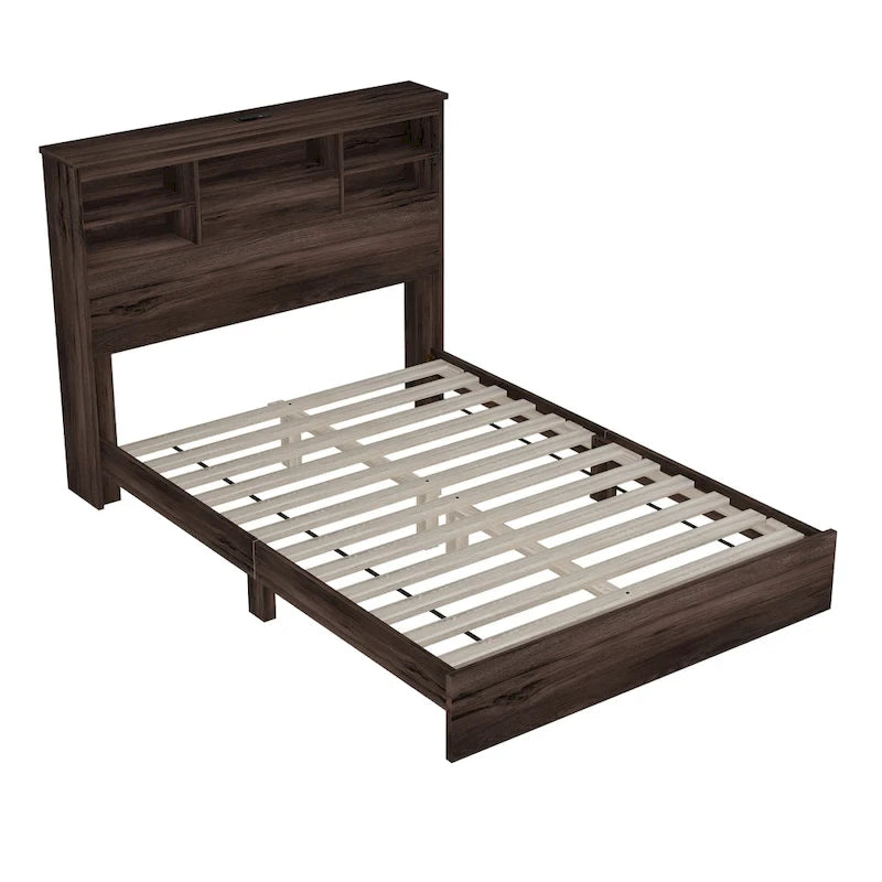 Letto Matrimoniale Queen in Stile Vintage con Testiera Contenitore e Stazione di Ricarica – Grigio Chiaro / Bianco / Noce, 1–2 Persone