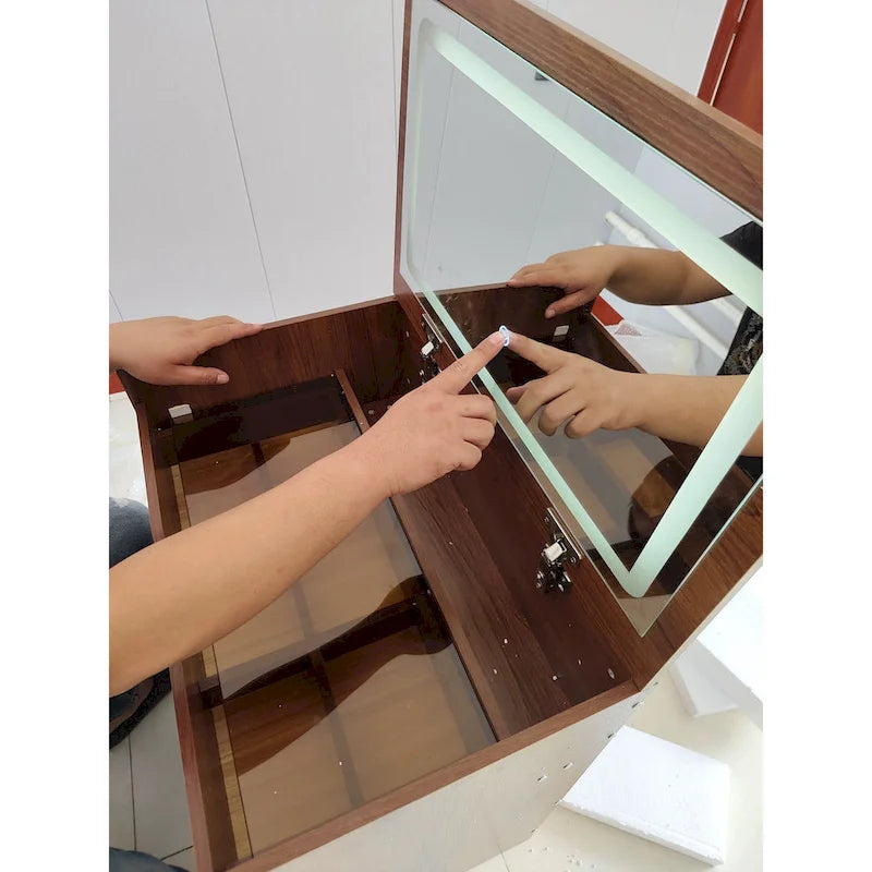 Toeletta noce / bianca con specchio illuminato, 3 cassetti e sgabello, per 1