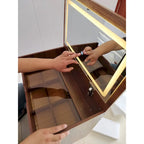 Toeletta noce / bianca con specchio illuminato, 3 cassetti e sgabello, per 1