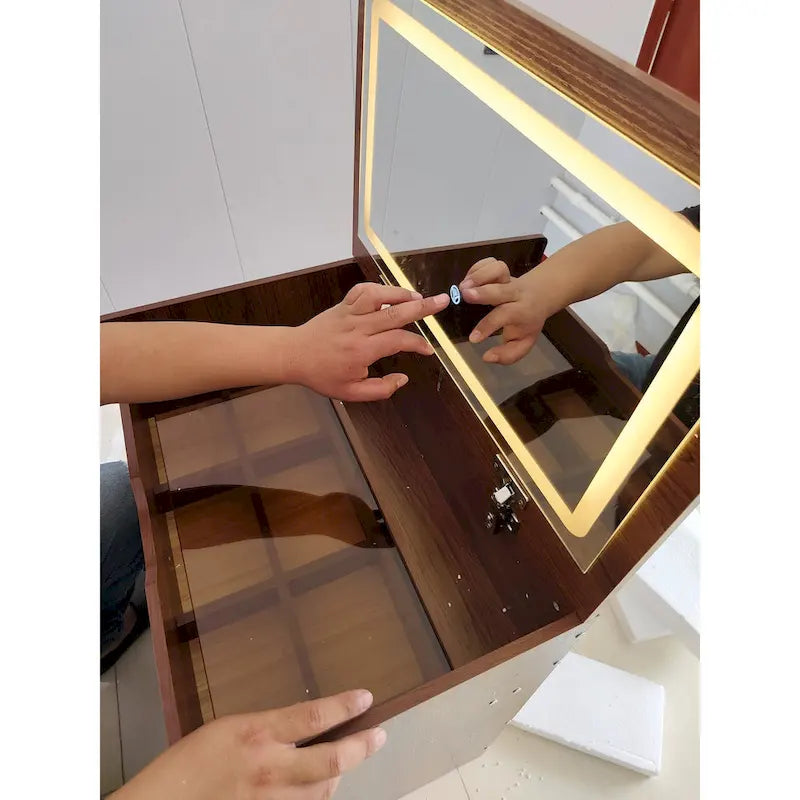 Toeletta noce / bianca con specchio illuminato, 3 cassetti e sgabello, per 1