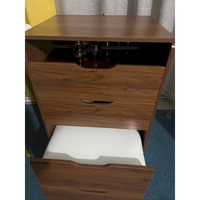 Toeletta noce / bianca con specchio illuminato, 3 cassetti e sgabello, per 1
