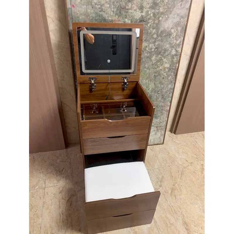 Toeletta noce / bianca con specchio illuminato, 3 cassetti e sgabello, per 1