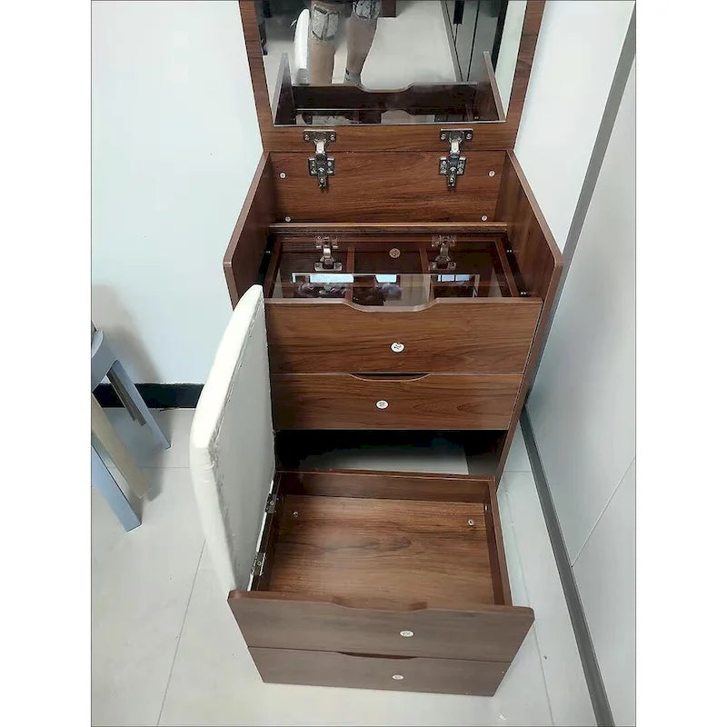 Toeletta noce / bianca con specchio illuminato, 3 cassetti e sgabello, per 1