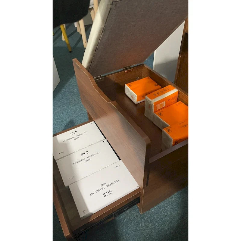 Toeletta noce / bianca con specchio illuminato, 3 cassetti e sgabello, per 1