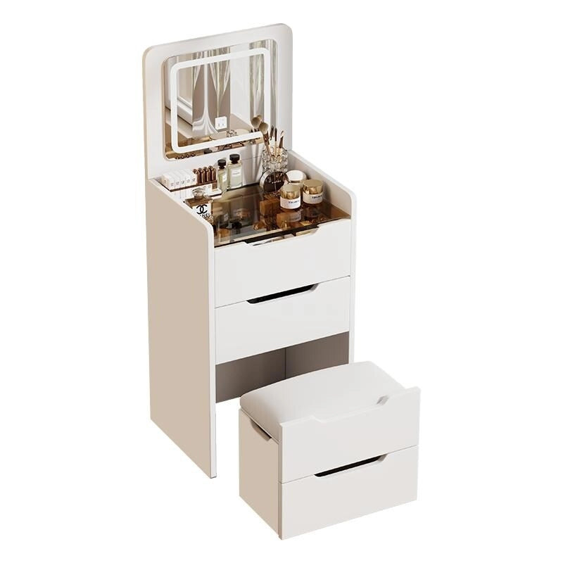 Toeletta noce / bianca con specchio illuminato, 3 cassetti e sgabello, per 1