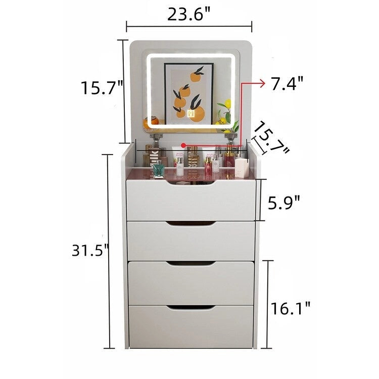 Toeletta noce / bianca con specchio illuminato, 3 cassetti e sgabello, per 1