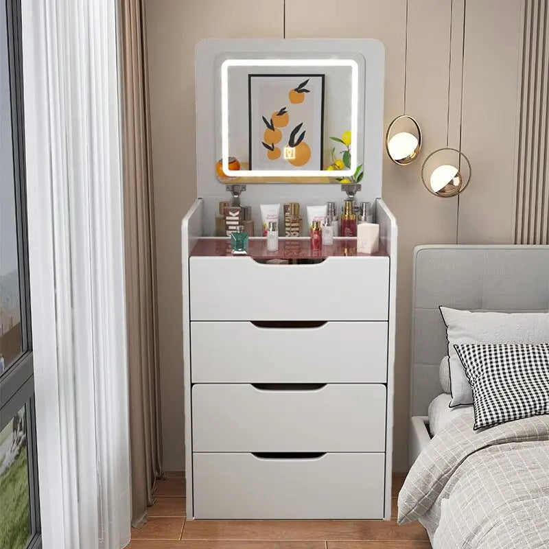 Toeletta noce / bianca con specchio illuminato, 3 cassetti e sgabello, per 1