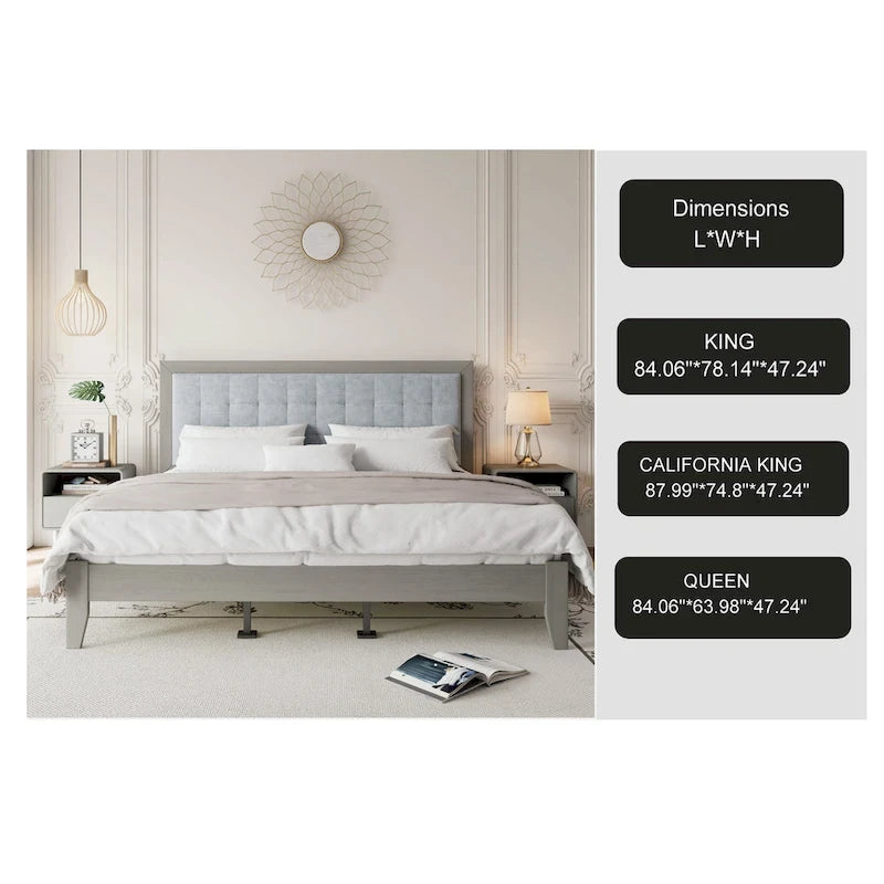 Struttura letto matrimoniale Queen platform imbottita a capitonné grigio, per 2 persone