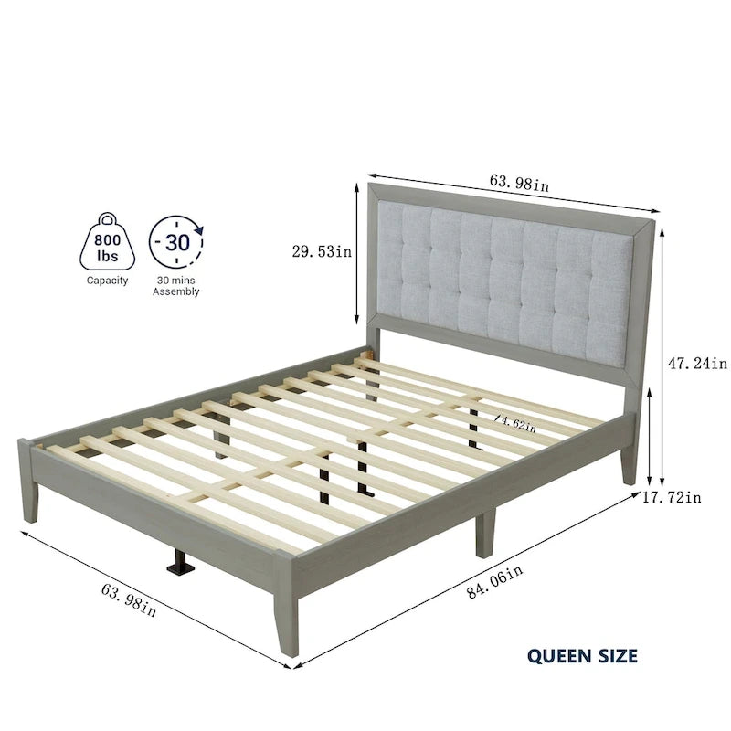 Struttura letto matrimoniale Queen platform imbottita a capitonné grigio, per 2 persone