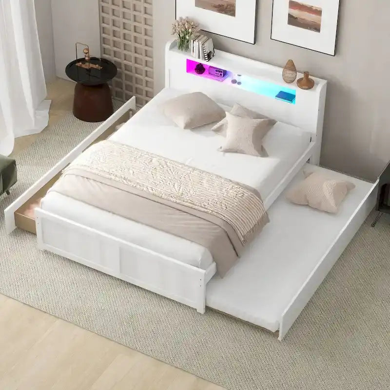 Letto a piattaforma Queen bianco con testiera a LED, letto estraibile e 2 cassetti (2 posti letto)
