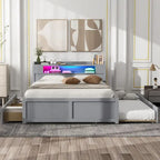 Letto a piattaforma Queen bianco con testiera a LED, letto estraibile e 2 cassetti (2 posti letto)