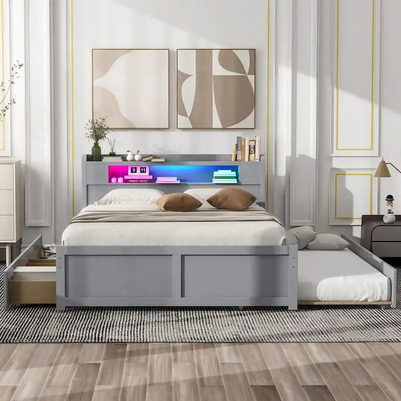 Letto a piattaforma Queen bianco con testiera a LED, letto estraibile e 2 cassetti (2 posti letto)