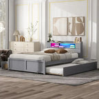 Letto a piattaforma Queen bianco con testiera a LED, letto estraibile e 2 cassetti (2 posti letto)
