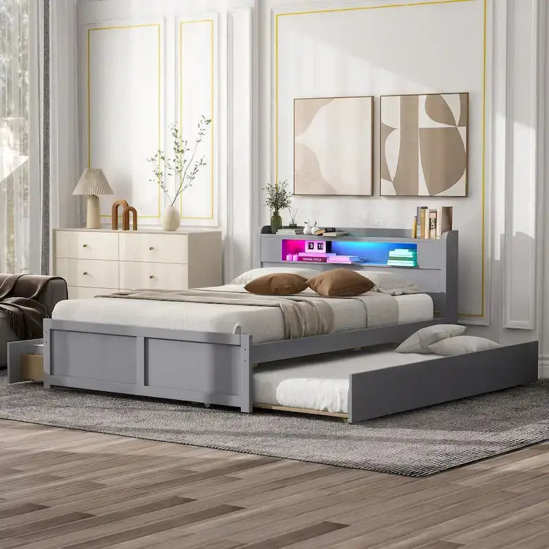 Letto a piattaforma Queen bianco con testiera a LED, letto estraibile e 2 cassetti (2 posti letto)