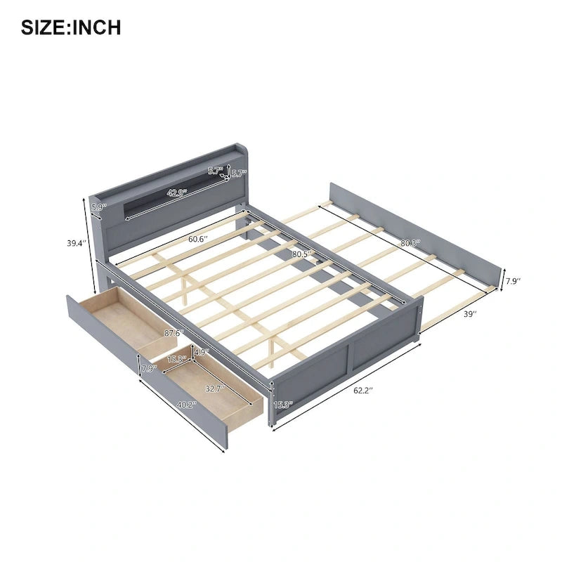 Letto a piattaforma Queen bianco con testiera a LED, letto estraibile e 2 cassetti (2 posti letto)