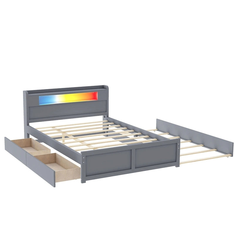 Letto a piattaforma Queen bianco con testiera a LED, letto estraibile e 2 cassetti (2 posti letto)
