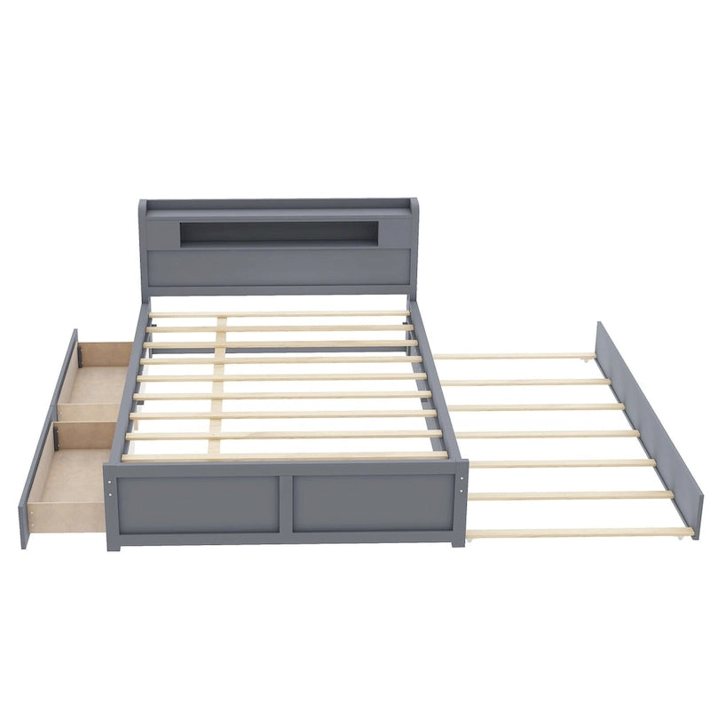 Letto a piattaforma Queen bianco con testiera a LED, letto estraibile e 2 cassetti (2 posti letto)