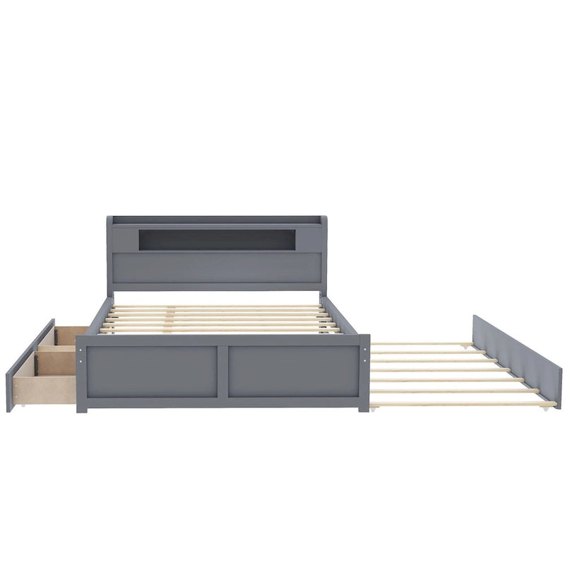 Letto a piattaforma Queen bianco con testiera a LED, letto estraibile e 2 cassetti (2 posti letto)