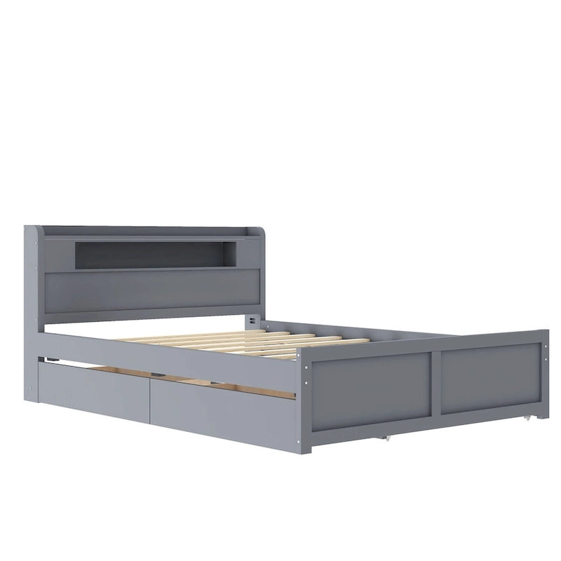 Letto a piattaforma Queen bianco con testiera a LED, letto estraibile e 2 cassetti (2 posti letto)