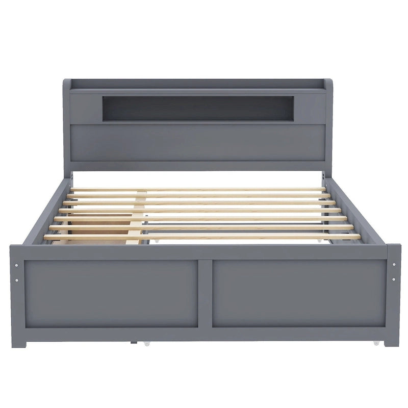Letto a piattaforma Queen bianco con testiera a LED, letto estraibile e 2 cassetti (2 posti letto)