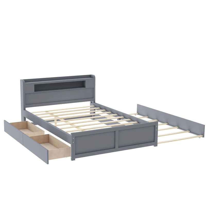 Letto a piattaforma Queen bianco con testiera a LED, letto estraibile e 2 cassetti (2 posti letto)