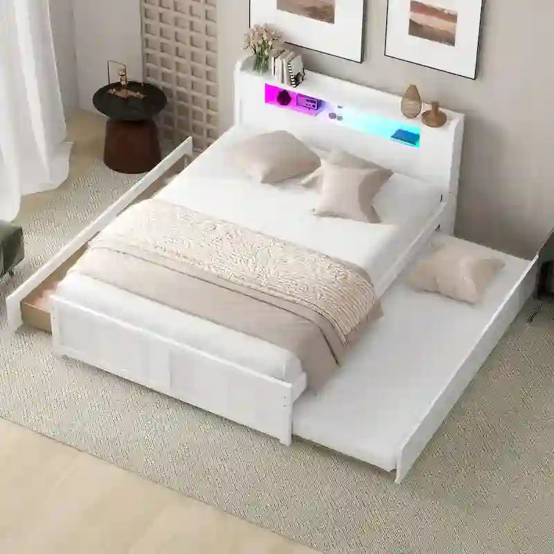 Letto a piattaforma Queen bianco con testiera a LED, letto estraibile e 2 cassetti (2 posti letto)