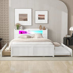 Letto a piattaforma Queen bianco con testiera a LED, letto estraibile e 2 cassetti (2 posti letto)