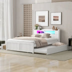 Letto a piattaforma Queen bianco con testiera a LED, letto estraibile e 2 cassetti (2 posti letto)
