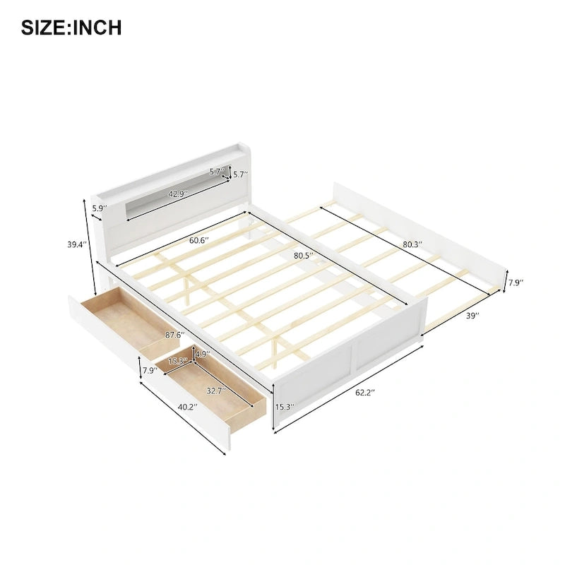 Letto a piattaforma Queen bianco con testiera a LED, letto estraibile e 2 cassetti (2 posti letto)