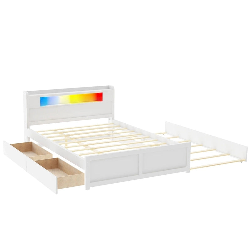 Letto a piattaforma Queen bianco con testiera a LED, letto estraibile e 2 cassetti (2 posti letto)