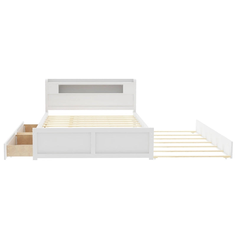 Letto a piattaforma Queen bianco con testiera a LED, letto estraibile e 2 cassetti (2 posti letto)