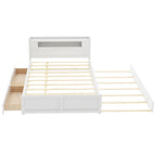 Letto a piattaforma Queen bianco con testiera a LED, letto estraibile e 2 cassetti (2 posti letto)