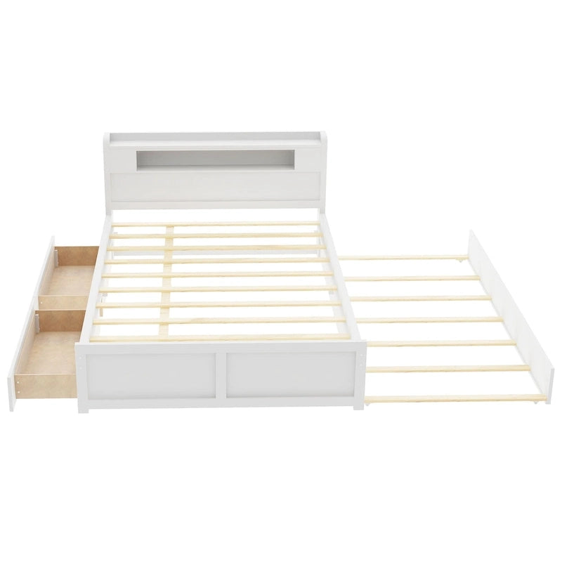 Letto a piattaforma Queen bianco con testiera a LED, letto estraibile e 2 cassetti (2 posti letto)