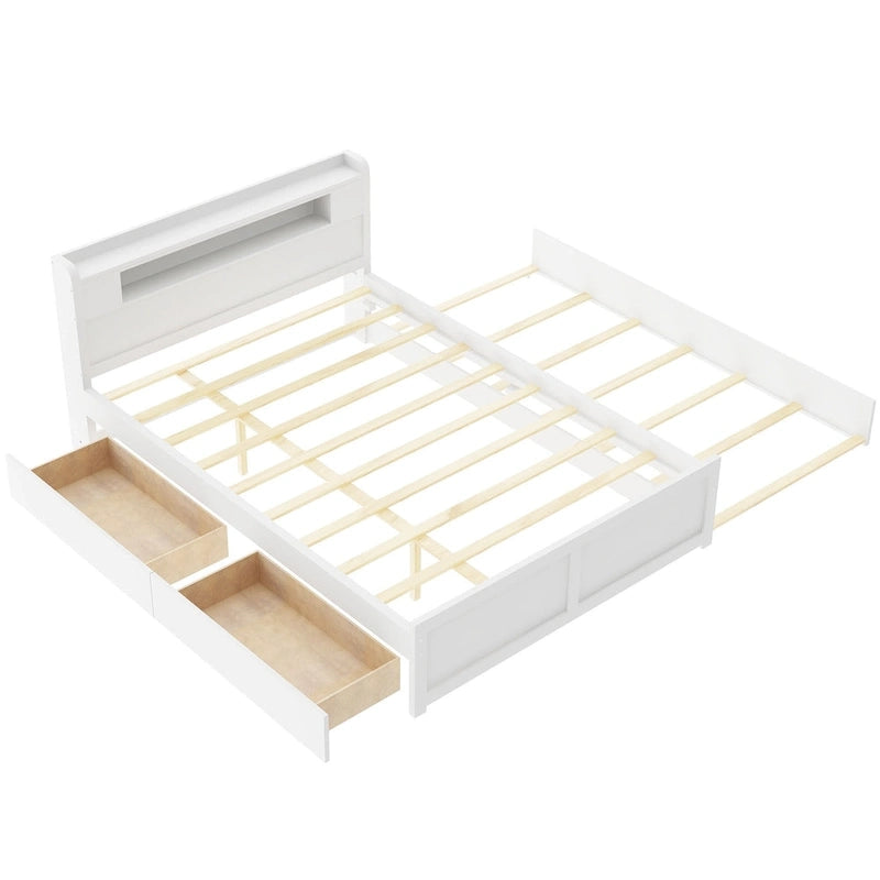 Letto a piattaforma Queen bianco con testiera a LED, letto estraibile e 2 cassetti (2 posti letto)