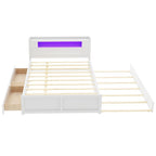 Letto a piattaforma Queen bianco con testiera a LED, letto estraibile e 2 cassetti (2 posti letto)