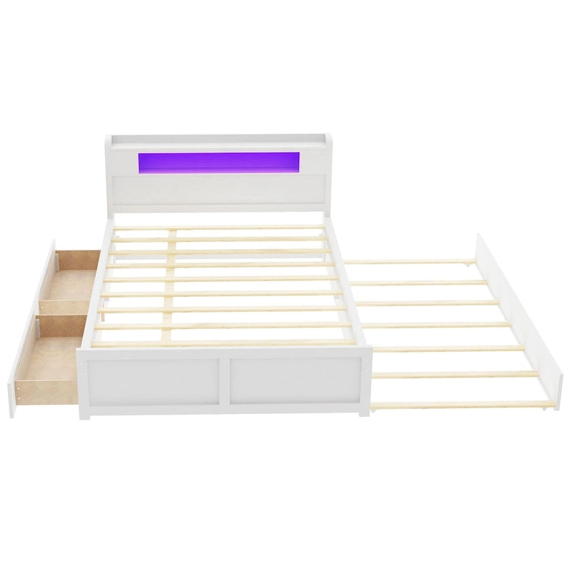 Letto a piattaforma Queen bianco con testiera a LED, letto estraibile e 2 cassetti (2 posti letto)