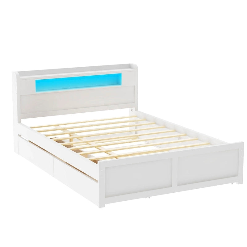 Letto a piattaforma Queen bianco con testiera a LED, letto estraibile e 2 cassetti (2 posti letto)