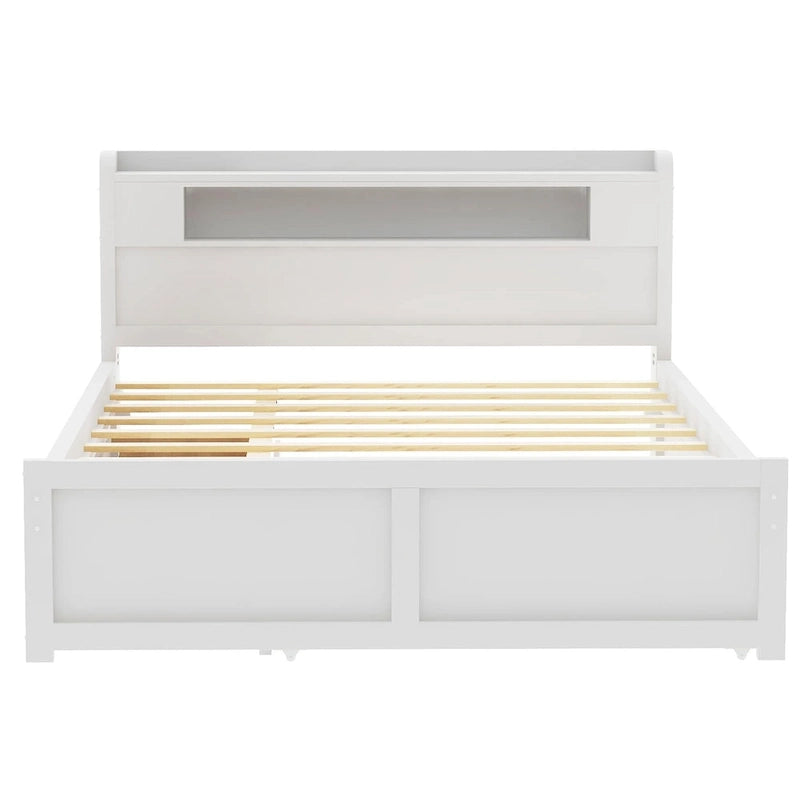 Letto a piattaforma Queen bianco con testiera a LED, letto estraibile e 2 cassetti (2 posti letto)