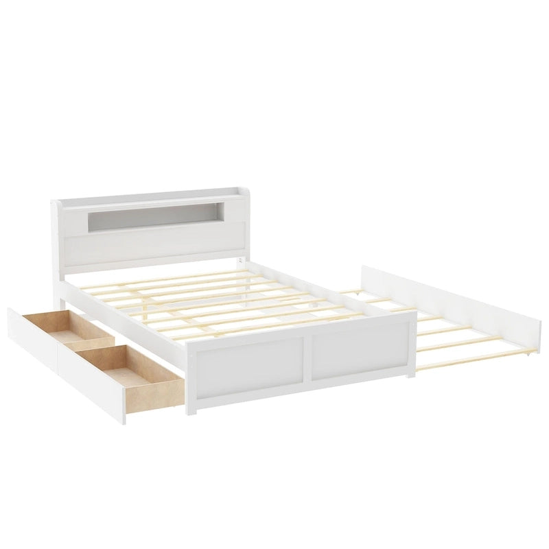 Letto a piattaforma Queen bianco con testiera a LED, letto estraibile e 2 cassetti (2 posti letto)
