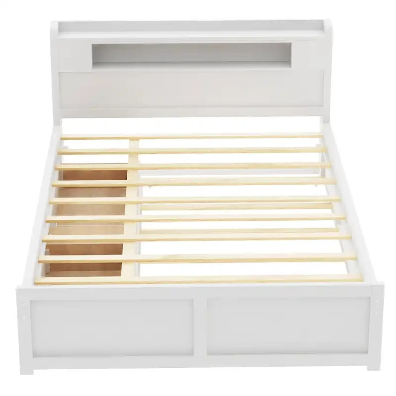 Letto a piattaforma Queen bianco con testiera a LED, letto estraibile e 2 cassetti (2 posti letto)