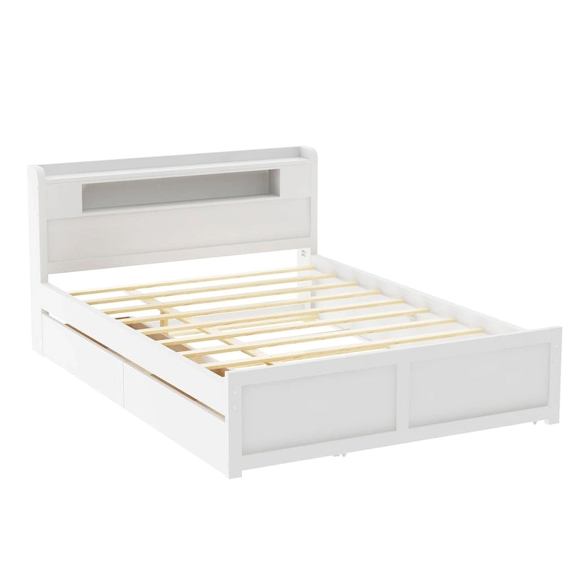 Letto a piattaforma Queen bianco con testiera a LED, letto estraibile e 2 cassetti (2 posti letto)