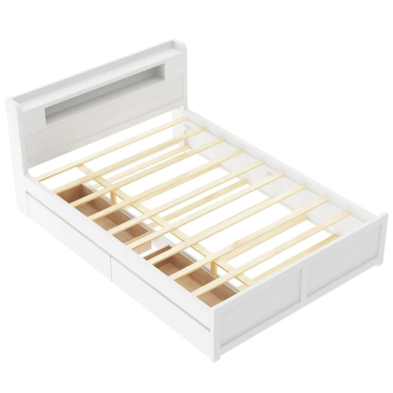 Letto a piattaforma Queen bianco con testiera a LED, letto estraibile e 2 cassetti (2 posti letto)
