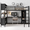 Letto a soppalco in metallo nero/bianco sporco con scrivania a L e armadio, completo/matrimoniale, 1 persona