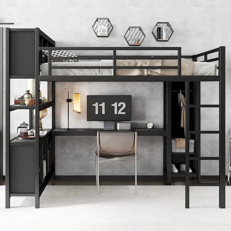 Letto a soppalco in metallo nero/bianco sporco con scrivania a L e armadio, completo/matrimoniale, 1 persona