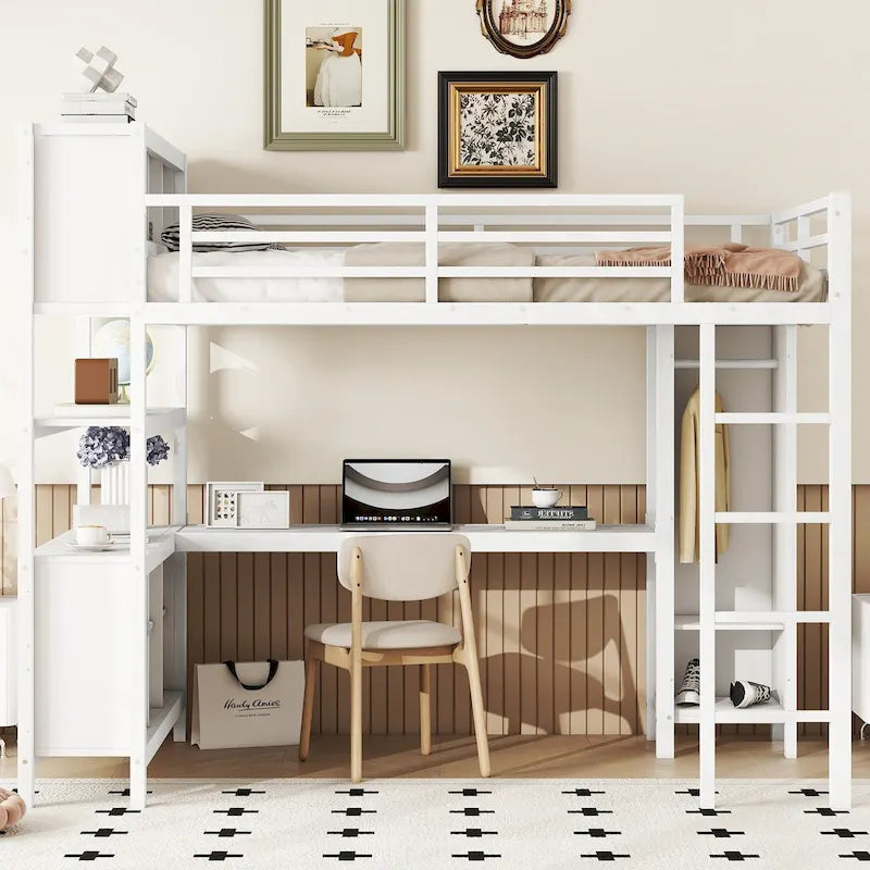 Letto a soppalco in metallo nero/bianco sporco con scrivania a L e armadio, completo/matrimoniale, 1 persona