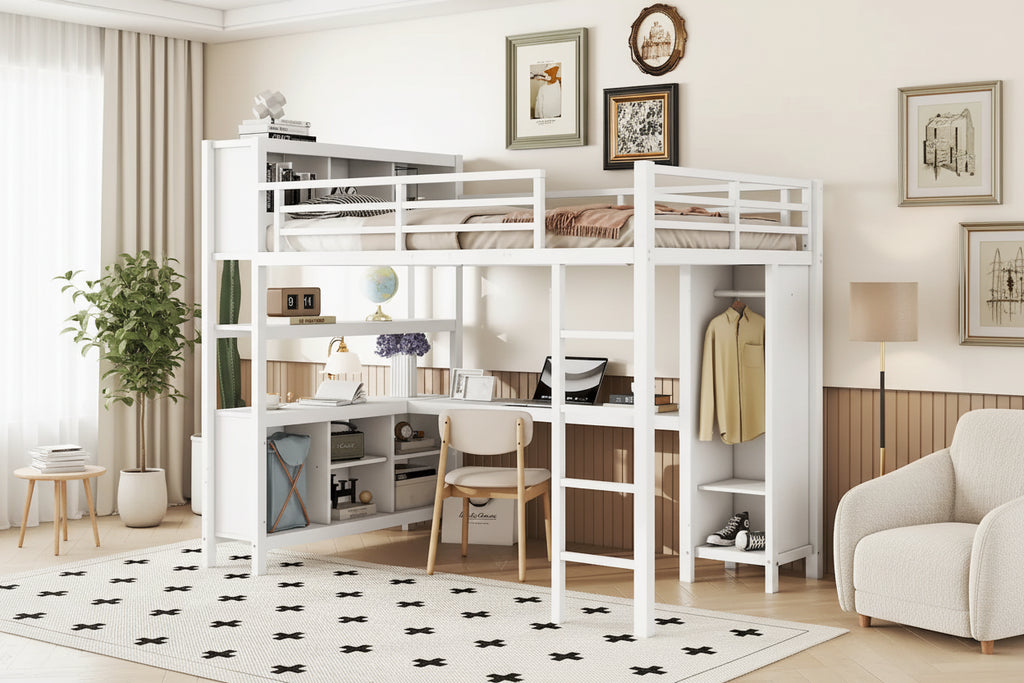 All-in-One Metal Loft Bed with L-Shaped Desk & Wardrobe, Bedrooms Bed Frame with Storage Cubes, Shelves, Full-Length Guardrails