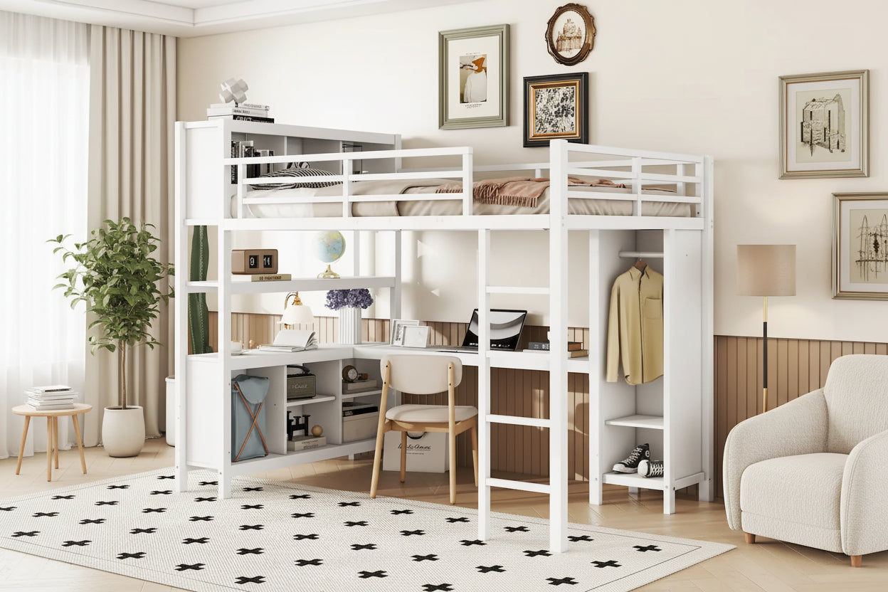 All-in-One Metal Loft Bed with L-Shaped Desk & Wardrobe, Bedrooms Bed Frame with Storage Cubes, Shelves, Full-Length Guardrails