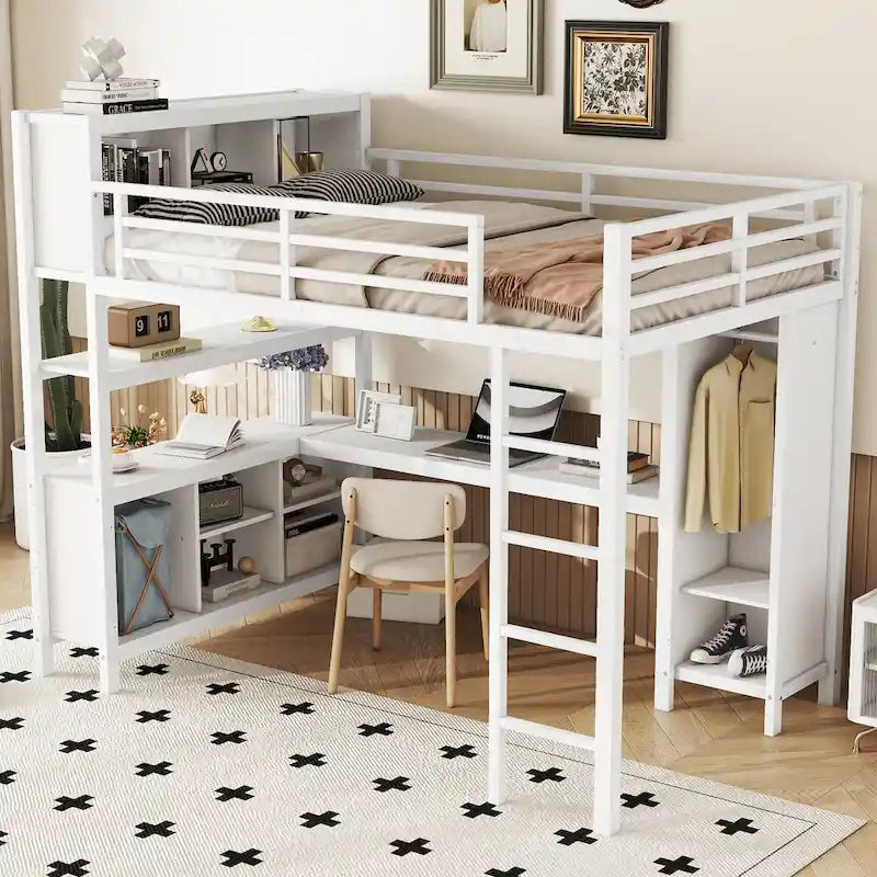 Letto a soppalco in metallo nero/bianco sporco con scrivania a L e armadio, completo/matrimoniale, 1 persona