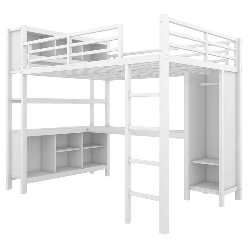 Letto a soppalco in metallo nero/bianco sporco con scrivania a L e armadio, completo/matrimoniale, 1 persona